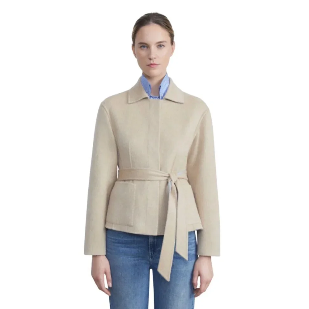 Lafayette 148 Wool Cashmere Reversible Jacket Womens Large Gray Tan Belted Coat